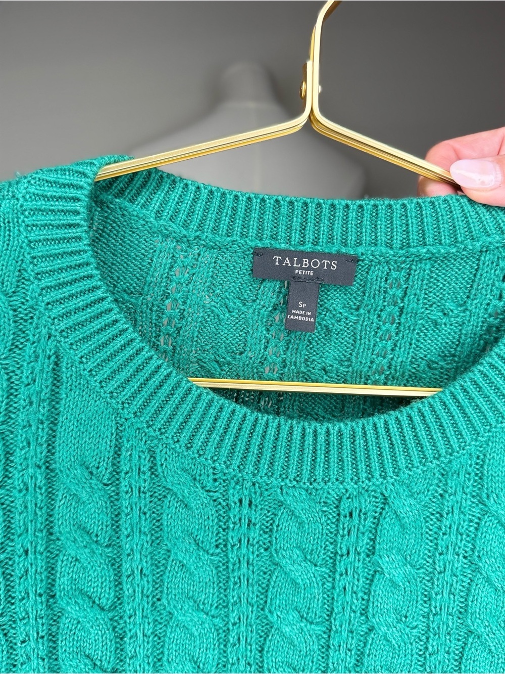 Talbots Emerald Green Cable-Knit Crewneck Sweater Lush Green S-Petite NWOT - Picture 5 of 7